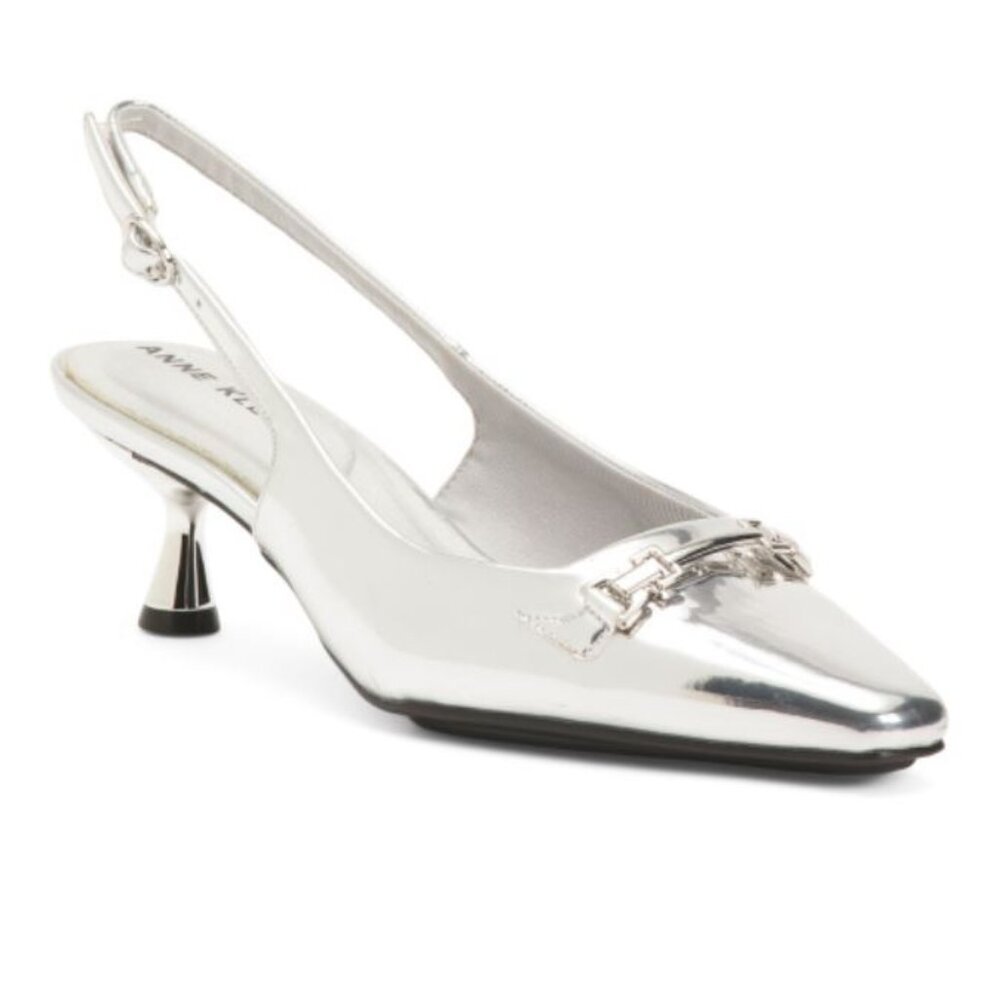 NWT ANNE KLEIN Silver Metallic Finish Tilan Slingback Kitten Heels
